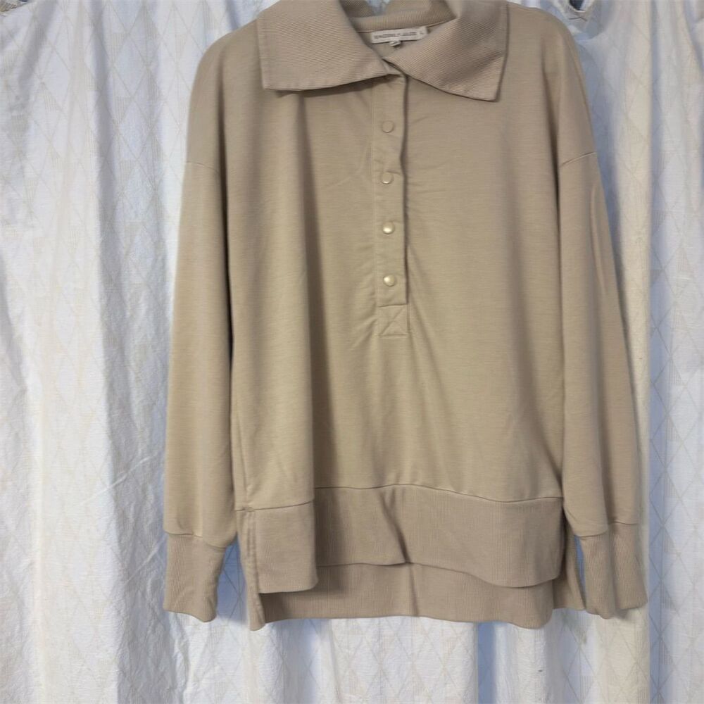 Sincerely Jules Women's Standard L Beige Henley Sweater Collared Long Sleeve